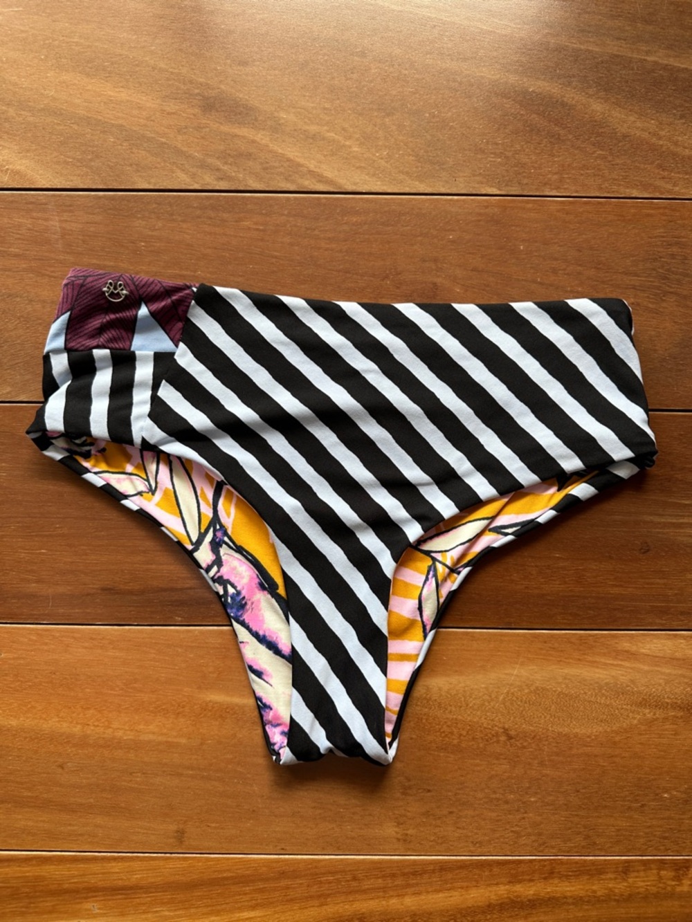Maaji Reversible Bikini Bottoms - Mustard, Pink, Black Floral Stripe M/L